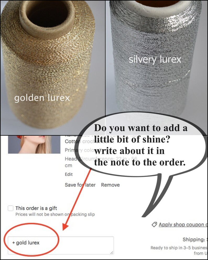 May include: Two spools of thread, one gold and one silver, with the text "golden lurex" and "silvery lurex" printed below each. The text "Do you want to add a little bit of shine? write about it in the note to the order." is in a speech bubble above the spools.