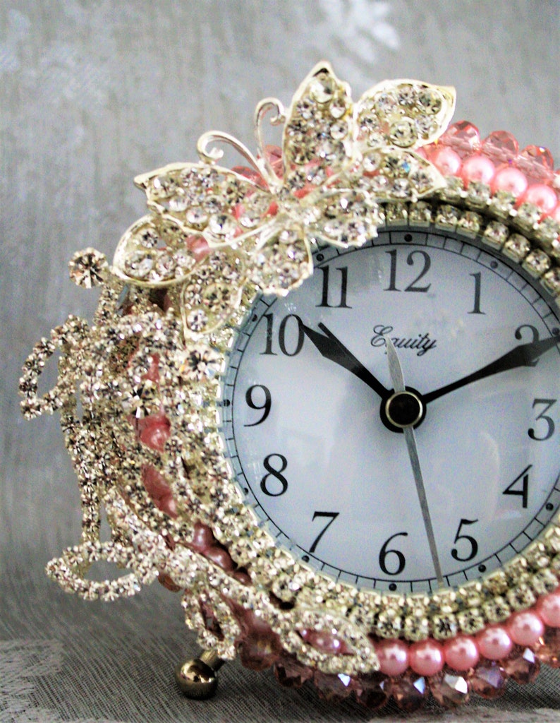 Pink Pearl and Rhinestone Butterfly Alarm Clock Glitter Etsy