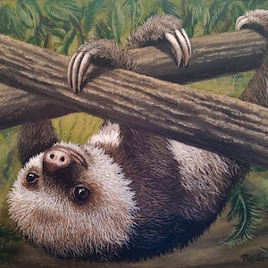 May include: A painting depicting a sloth suspended upside down from a tree branch. The sloth has brown fur, a white face, and large, dark eyes. Its claws are visible as it grips the branch. The background shows green foliage.
