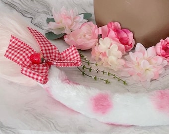 Pink White Strawberry Fluffy Fur Cow Tail ONLY