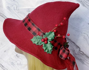 Simple Festive Holly Holiday Christmas Red Black Plaid Woven Pointed Hat
