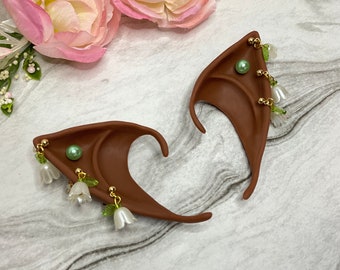 Decorated Scilicone COCOA BROWN Bell Flower Green  Lily Pierced Skintone Elf Fae Fairy Fantasy Larp Costume Elf Drow Cosplay Ears