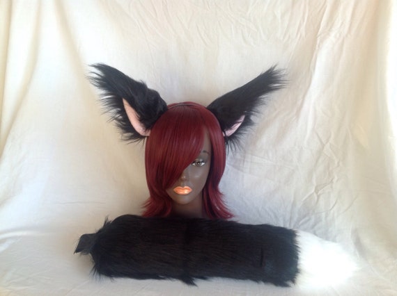 Black Fox Ears And Tail Long Hair Fur Set Cosplay Anime Etsy