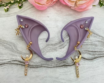 Twilight Violet  Short Moon Wand Gold Pearl Decorated  Pierced Skintone Elf Fae Fairy Fantasy Larp Costume Elf Drow Cosplay Ears