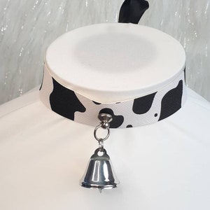 Cow Print Bell Collar / Pink Cow Bell Necklace / Brown Cow Bell Choker