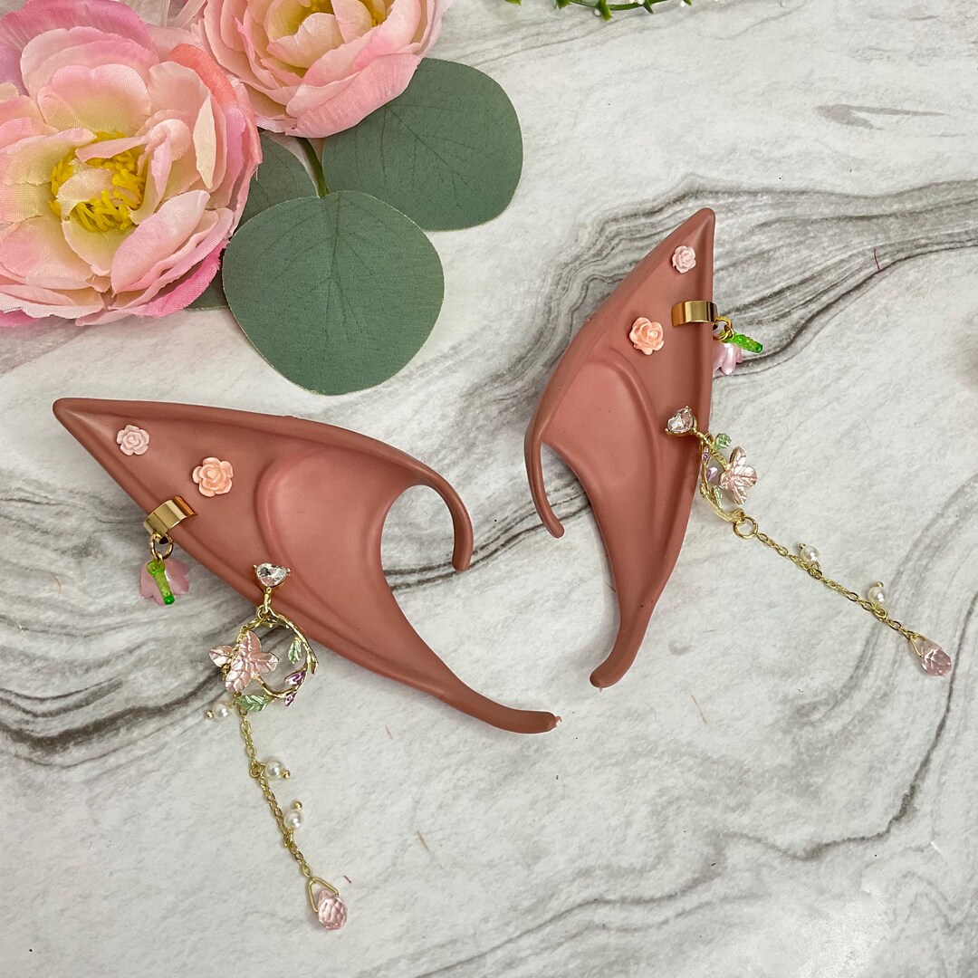 Larp Roses CAPPUCCINO LONG Floral Pink Rose Dangle Crystal Decorated Skintone Elf ...