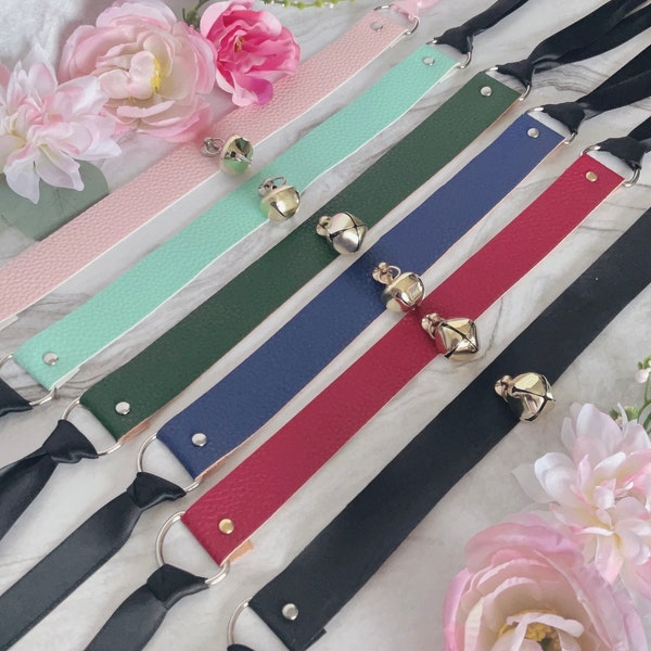 Bell Pink Teal Green Blue Red Black Soft Vinyl Kitty Cat Cosplay Cow Bell Option Choker D-Ring Ribbon Collar