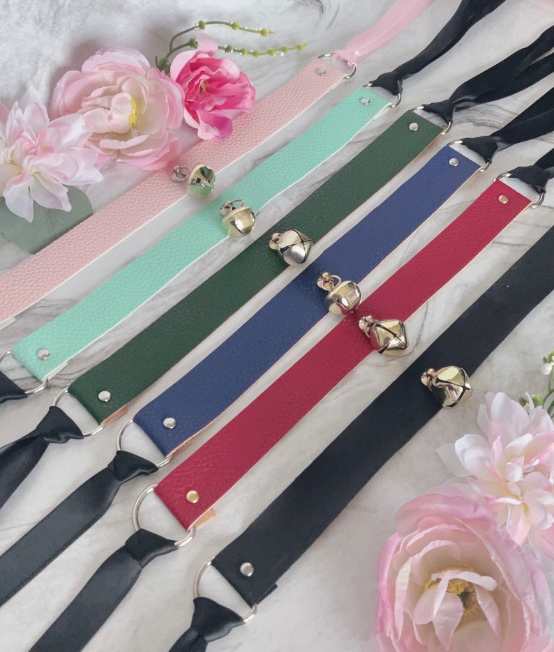 Bell Pink Teal Green Blue Red Black Soft Vinyl Kitty Cat Cosplay Cow Bell Option Choker D-Ring Ribbon Collar image 1