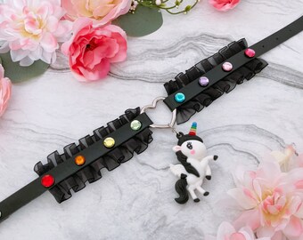 Black Ruffle Rainbow Kawaii Black Unicorn Deco Faux Leather Buckle Choker