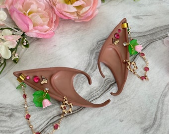 Forest Pink Green Bell Flower Decorated CAPPUCCINO Pierced Skintone Elf Fae Fairy Fantasy Larp Costume Elf Drow Cosplay Ears