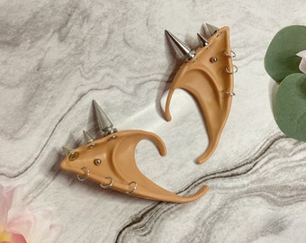 TAN Dyed Pierced Silver Spiked Short Elf Fae Fairy Fantasy Larp Costume Elf Drow Cosplay Ears