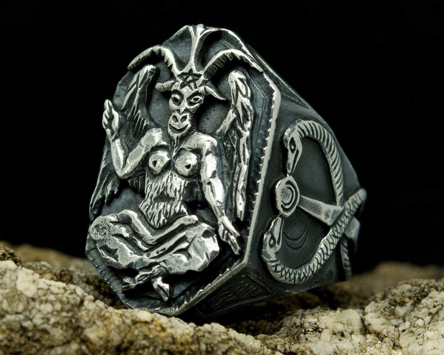 Occult Ring Satanic Baphomet Devil Pentagram Ring Silver Witch Etsy