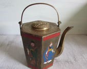 Vintage Chinese Brass Teapot Hexagon Shape with Enamel Figures.