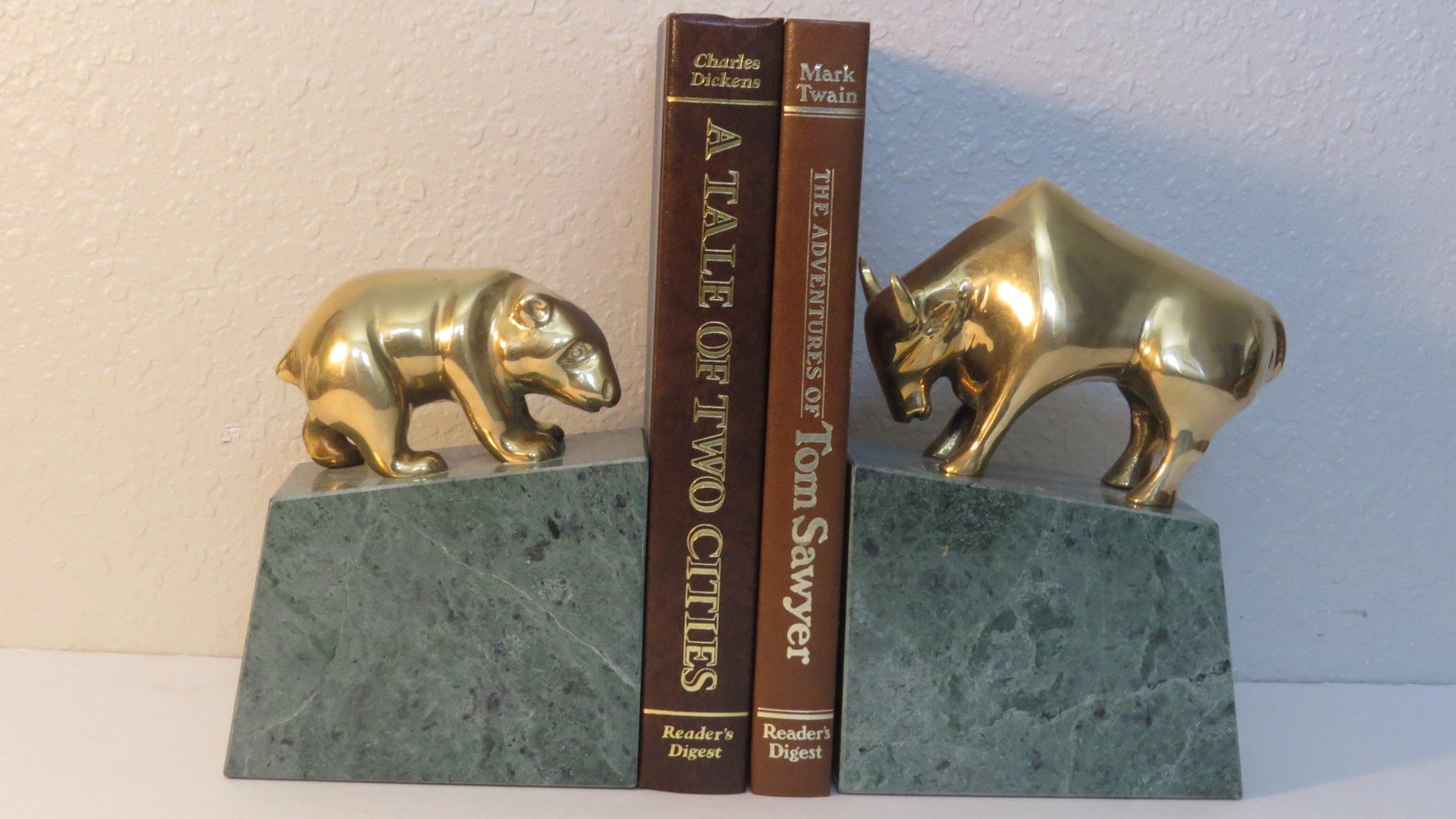 Beautiful Solid Brass Bull and Bear Bookends on Green Marble. Etsy
