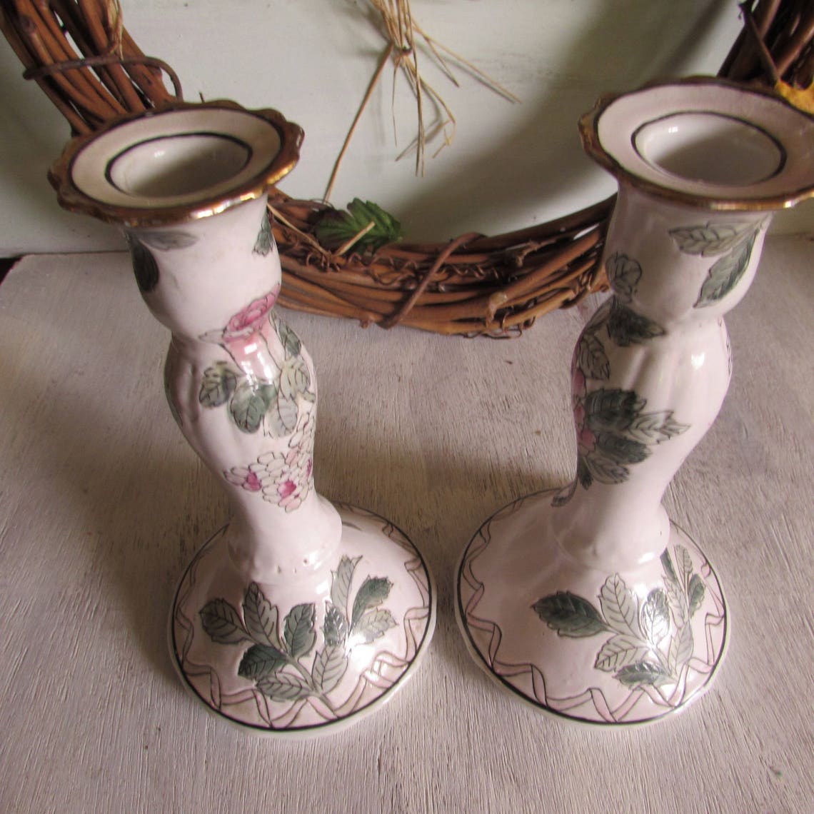Vintage Pair Porcelain Hand Painted Candle holder Flower Etsy