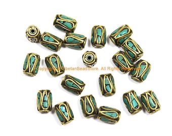 10 BEADS Tibetan Turquoise, Brass Inlay Barrel Beads - Tibetan Beads Tribal Beads - 7mm x 11mm - Barrel Tube Cylinder Beads - B3469-10