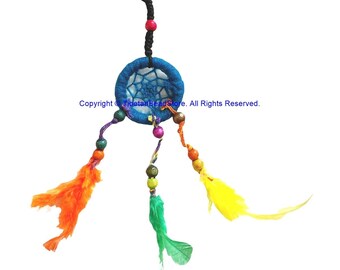 May include: A blue dreamcatcher keyring with a silver ring. The dreamcatcher features a web design and is decorated with colourful beads and feathers in orange, green, and yellow. The text "Copyright TibetanBeadStore. All Rights Reserved." is visible.