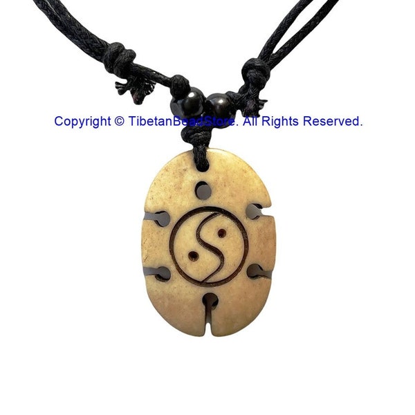 Yin Yang Design Handmade Tibetan Pendant Necklace on Adjustable Cord - Boho Yoga Jewelry - HC166E