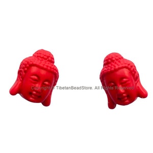 2 BEADS - Red Buddha Head Reversible Beads - Faux Cinnabar Buddha Beads - B3499-2