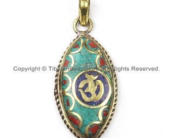 Nepal Tibetan OM Mantra Pendant with Brass Turquoise Coral Inlay Om Pendant Nepal Pendant Tibetan Pendant Tibet Pendant WM5916 Lapis