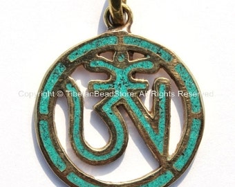 Nepal Tibetan OM Mantra Pendant with Brass Turquoise Coral Inlay Om Pendant Nepal Pendant Tibetan Pendant Tibet Pendant WM5916 Lapis