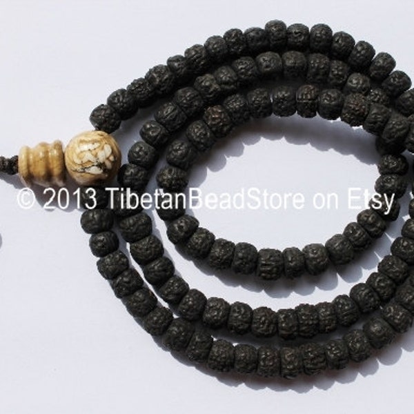 108 beads - Tibetan Dark Rudraksh Rudraksha Mala Prayer Beads with Om Conch Shell Guru Bead - Mala Making Supply - Mala Prayer Beads - PB40