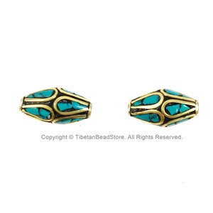2 BEADS Tibetan Bicone Beads with Brass & Turquoise Inlays by TibetanBeadStore - Turquoise Beads Brass Inlay Beads Nepal Beads  B3498-2