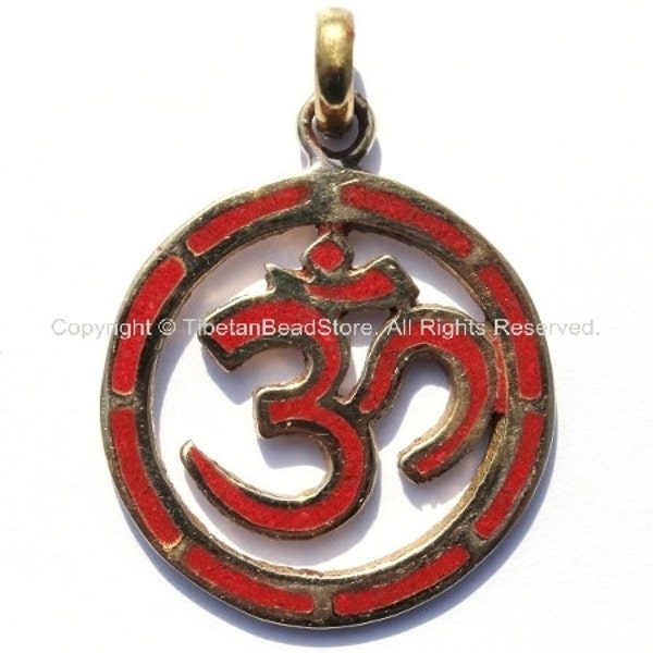 Tibetan Carved Om Brass Pendant with Coral Inlay - Om Aum Ohm Mantra Pendant - Om Coral Pendant - WM671