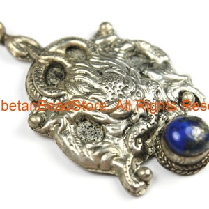 Ethnic Tribal Antique Look Repousse Tibetan Dragon Pendant with Lapis Inlay - TibetanBeadStore - Handmade - Unisex Jewelry - WM7225