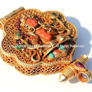Vintage Tibetan Chenrezig & Mahakala Goldplated 92.5 Sterling Silver Ghau Amulet Pendant with Ruby, Emerald, Turquoise, Coral Inlays - FJ92