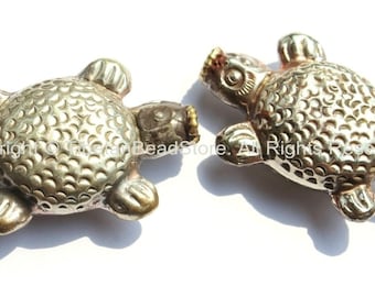2 BEADS - LARGE Tibetan Turtle Metal Beads - Repousse Turtle Tortoise Beads Unique Ethnic Tribal Focal Animal Beads - B2182-2
