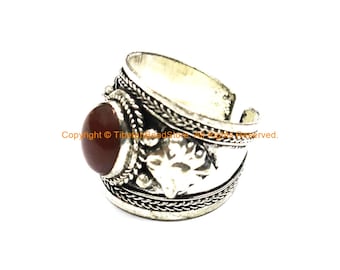Handmade Ethnic Adjustable Tibetan Ring with Stone Inlay Accent - Boho Ring Nepal Tibet Ring Statement Ring Tibetan Jewelry- R307