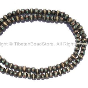 108 beads - Tibetan Prayer Beads - Dark Cattle Bone Mala Prayer Beads with Metal Wire, Turquoise & Coral Inlays - PB10S