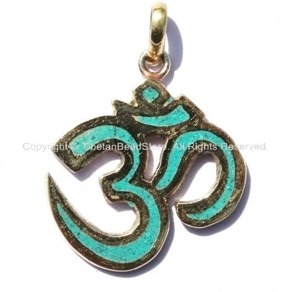 Sanskrit Om Pendant with Brass & Turquoise Inlay - Om Yoga Pendant - Boho OM Pendant - Tibetan Brass Pendant - WM1171