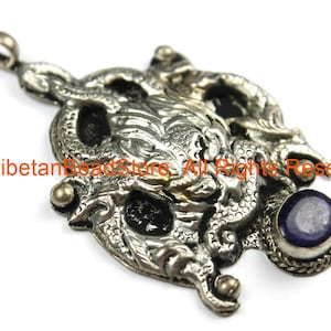 Ethnic Tribal Antique Look Repousse Tibetan Dragon Pendant with Lapis Inlay - TibetanBeadStore - Handmade - Unisex Jewelry - WM7227