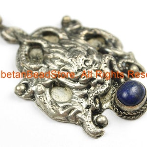 Ethnic Tribal Antique Look Repousse Tibetan Dragon Pendant with Lapis Inlay - TibetanBeadStore - Handmade - Unisex Jewelry - WM7226