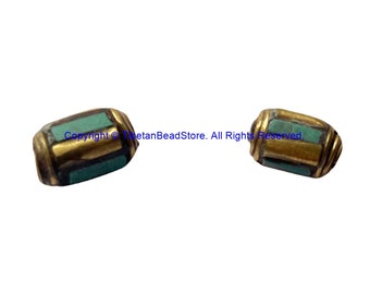 2 BEADS Tibetan Turquoise, Brass Inlay Barrel Beads - Tibetan Beads Tribal Beads - 7mm x 11mm - Barrel Tube Cylinder Beads - B3481-2