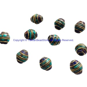 10 BEADS Tibetan Bicone Shape Brass Beads with Lapis, Turquoise Inlays - TibetanBeadStore Brass Inlay Beads- Tibetan Beads - B3520-10