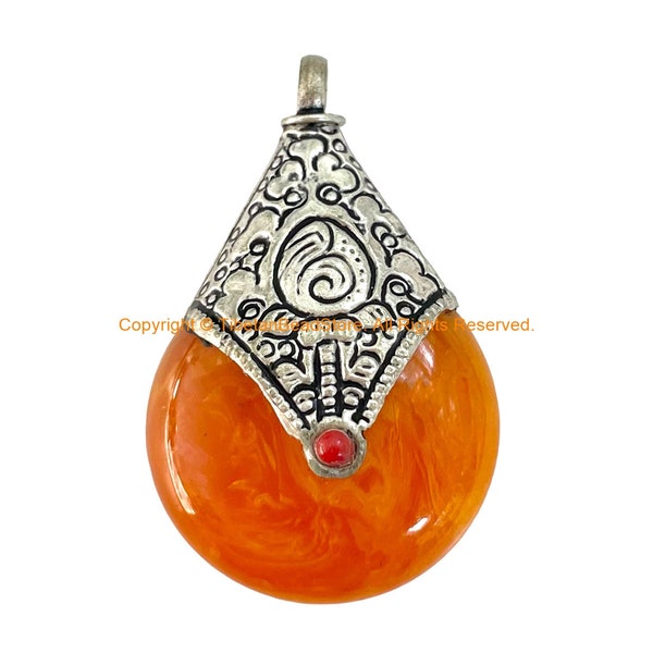 BIG Reversible Tibetan Resin Amber Pendant with Tibetan Silver Caps, Repousse Lotus Flower Details & Bead Inlay Accent - WM7999B-1