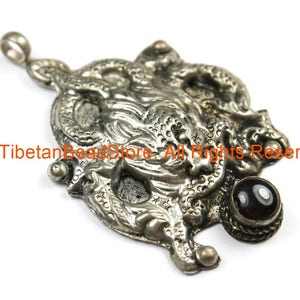Ethnic Tribal Antique Look Repousse Tibetan Dragon Pendant with Onyx Garnet Inlay - TibetanBeadStore - Handmade - Unisex Jewelry - WM7234