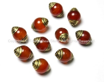 10 BEADS - Tibetan Carnelian Beads with Brass Caps - Ethnic Handmade Tibetan Beads - B1409-10