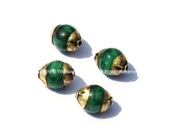 4 BEADS - Small Green JadeTibetan Beads with Repousse Brass Caps - Handmade Tibetan Beads, Pendants, Jewelry - TibetanBeadStore - B2488-4