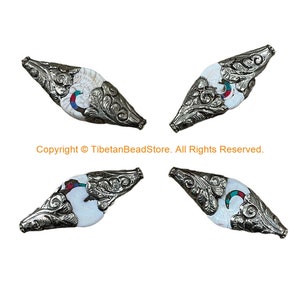 4 BEADS Ethnic Tribal Naga Conch Shell Tibetan Beads with Turquoise, Coral Inlays & Repousse Floral Metal Caps - B3500-4