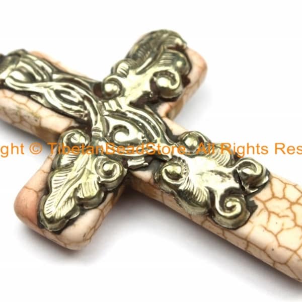 Tibetan Reversible Howlite Turquoise Cross Pendant with Tibetan Silver Bail, Repousse Hand Carved Snake & Floral Vine Details- WM6135