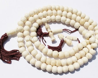 108 beads - Tibetan White Cattle Bone Mala Prayer Beads with Bell & Vajra Counters - 10mm - Tibetan Mala Beads - Mala Making Supplies - PB75