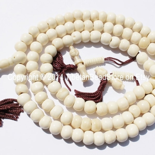 108 beads - Tibetan White Cattle Bone Mala Prayer Beads with Bell & Vajra Counters - 10mm - Tibetan Mala Beads - Mala Making Supplies - PB75