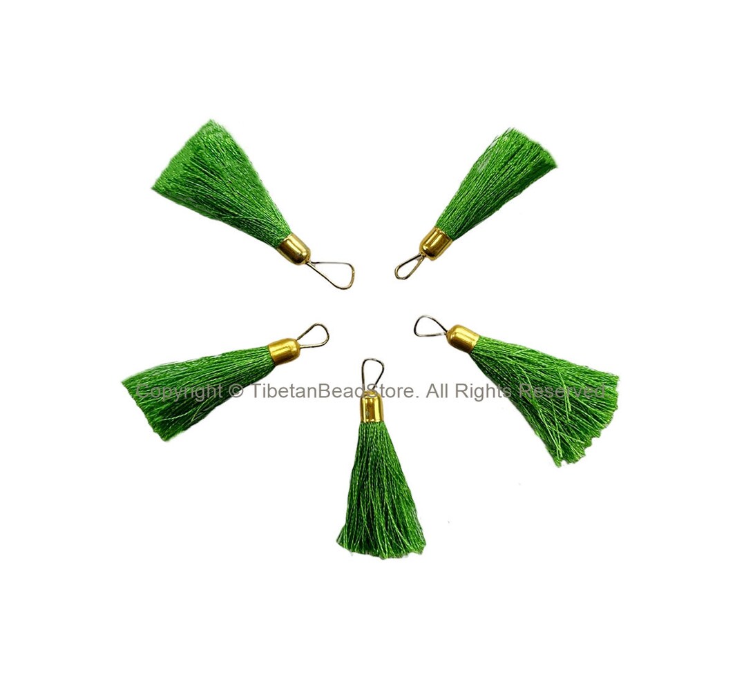 5 TASSELS Green Tassels With Gold Toned Brass Caps Quality Tassels Boho
