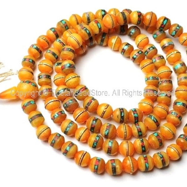108 Beads - 10mm size Tibetan Honey Color Resin Mala Prayer Beads with Turquoise, Coral, Brass & Copper Inlays - PB16