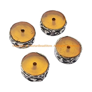 4 BEADS - Tibetan Amber Color Resin Beads with Repousse Tibetan Silver Rings - Ethnic Nepal Tibetan Tribal Beads - B1030B-4