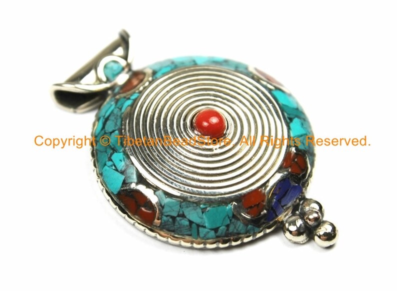 TibetanBeadStore Mosaic Inlay Tibetan Pendant Jewelry WM7148 Lapis /& Coral Inlays Ethnic Nepal Tibetan Spiral Pendant with Turquoise